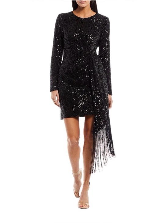 Badgley Mischka Dresses & Skirts - Belle Badgley Mischka Black Sequin Long Sleeve Harley Fringe Cocktail Dress Sz 2